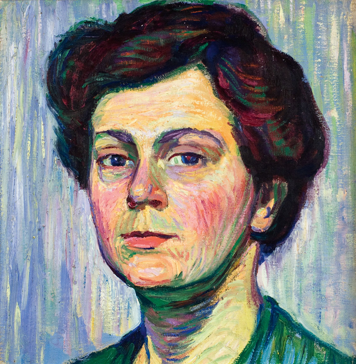 Dora Koch-Stetter | Porträt einer Frau mit rot-violetten Wangen (Selbstbildnis) | 1913 | Öl auf Leinwand | 34 x 34 cm | Sammlung der Gemeinde Ahrenshoop/Förderkreis Ahrenshoop e.V. im Kunstmuseum Ahrenshoop