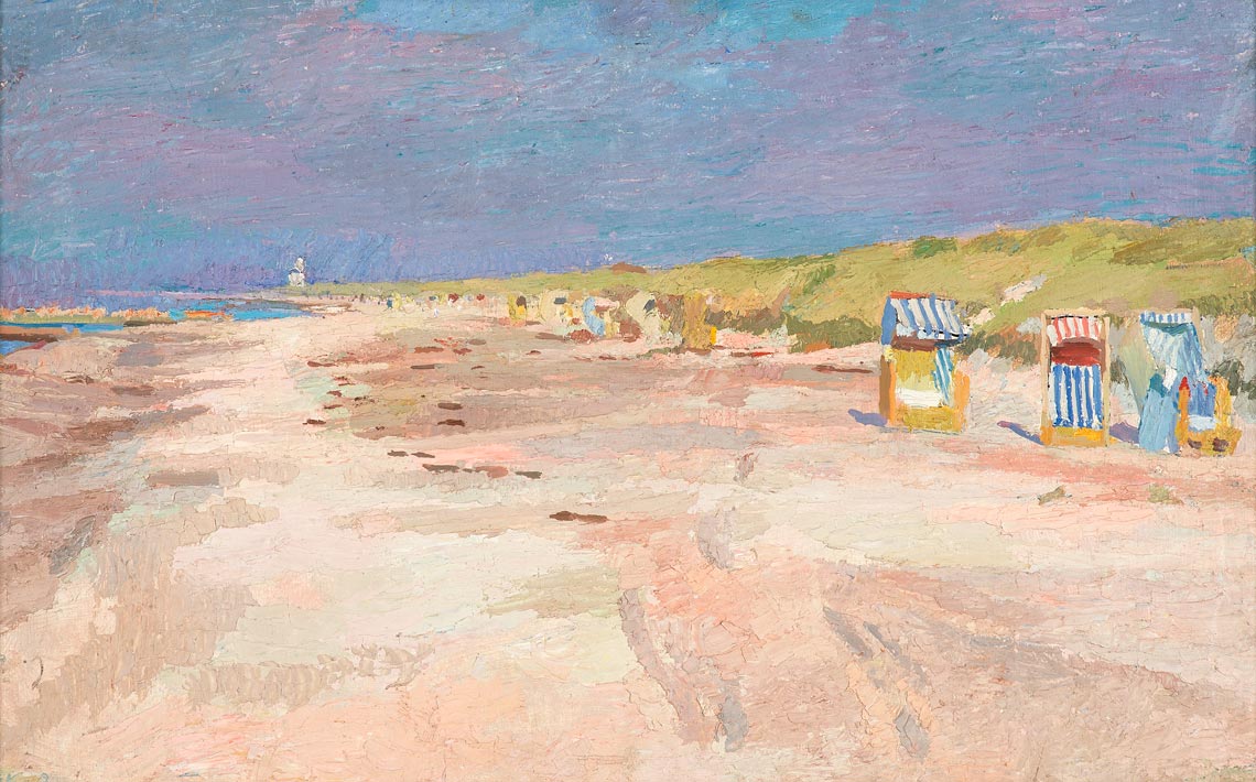Bernhard Kretzschmar | Langer Strand mit Strandkörben | um 1964 | Öl auf Hartfaser | 40,5 x 64,5 cm | Sammlung Kunstmuseum Ahrenshoop