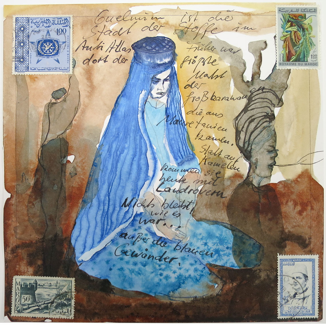 Cornelia Schleime, Guelmin, 2013, Collage, Aquarell und Fineliner auf Papier